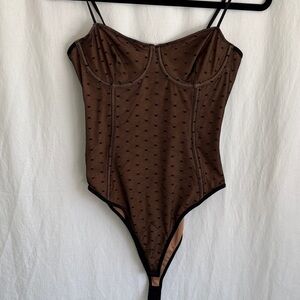Source Unknown Brown Sheer Polka Dot Bustier Bodysuit with Black Trim
